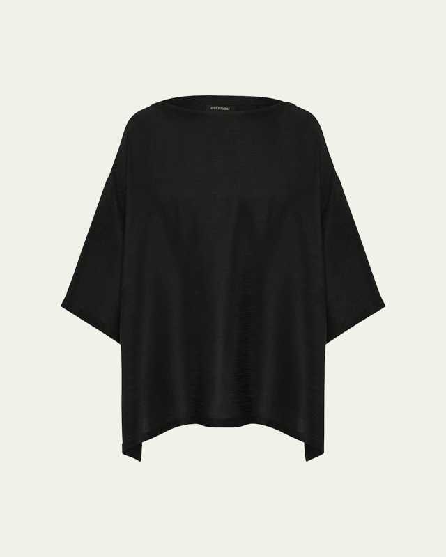 Silk Plisse Wide A-Line Scoop-Neck Top (Long Length)